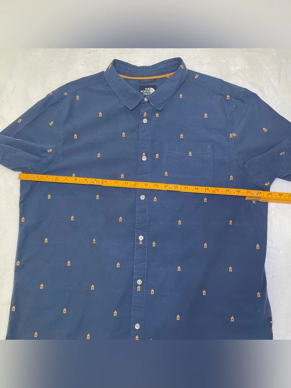The North Face Mens XXL Short Sleeve Campfire Print Button Down Shirt Blue